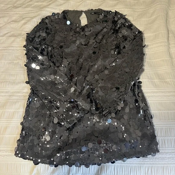 Zara Silver Sequin Long Sleeve Dress - Picture 9 of 10